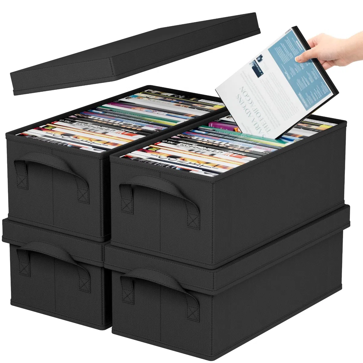Lifewit DVD Aufbewahrungsbox, Stapelbarer DVD Aufbewahrungsbehälter, faltbarer DVD Behälter mit Deckel, fasst bis zu 100 DVDs 25 Stück pro Einheit für Haus und Auto, 40 x 20 x 14,5cm, 4er Pack