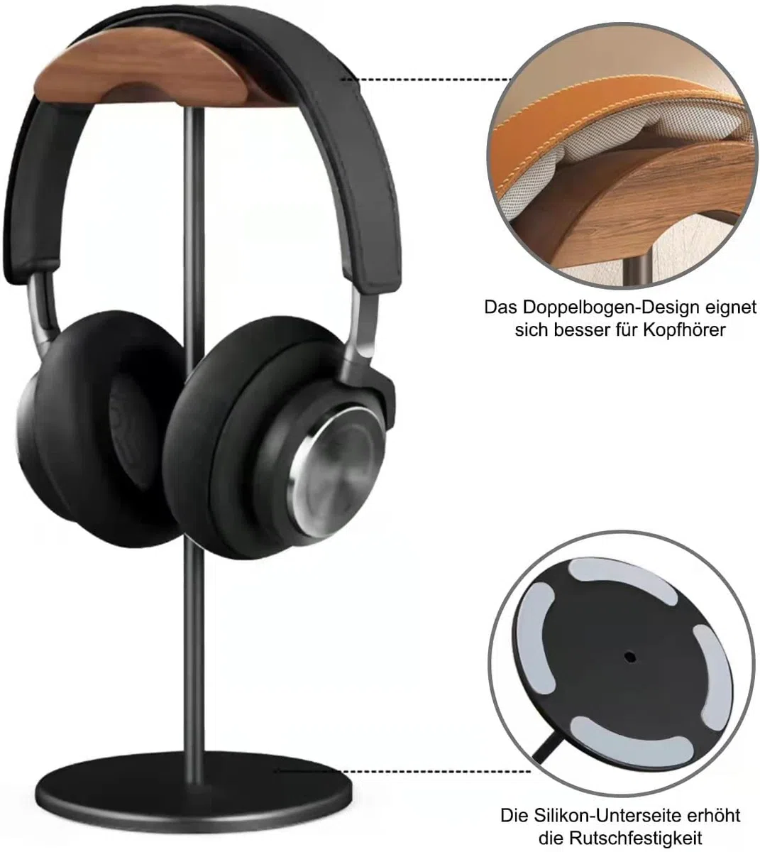 GGF Kopfhörer Ständer Headset Halterung aus Hochwertigem Walnussholz& Aluminium,Headset Ständer mit Anti-Rutsch Schwerer Basis,Kopfhörer Halter Geeignet für Tisch and Vitrine