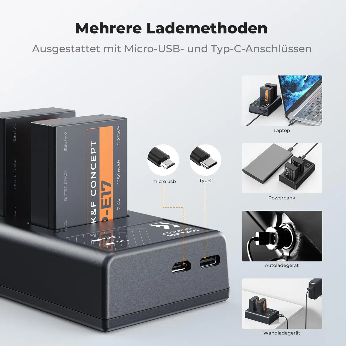K&F CONCEPT LP-E17 Kameraakkus Ladegerät 1250mAh,Batterie Ladeset für Canon EOS RP,Rebel T8i,T7i,T6i,T6s,SL2,SL3,EOS M3,M5,M6 Mark II,77D,200D,750D,760D,800D Powershot V1