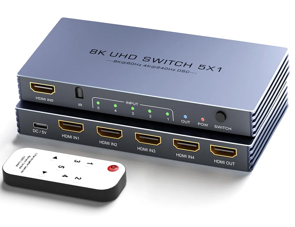 HDMI Switch 4K 240Hz - New Upgrade 5 in 1 Out 8K@60Hz 4K@240Hz 4K@120Hz HDMI Switch mit Fernbedienung Unterstützt 3D/HDR/HDCP2.3, Kompatibel mit PS5/4 Xbox Roku Apple TV Fire Stick