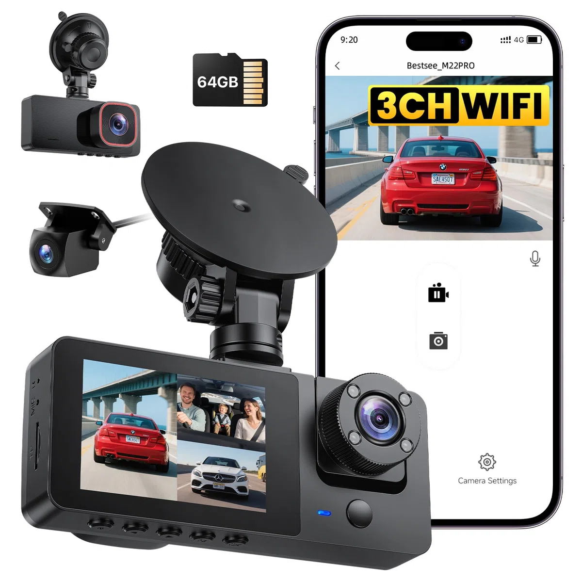 Bestsee 2.5K Dashcam Auto Vorne Hinten und Innen, 2,35" IPS-Bildschirm, 64GB SD-Karte, 24H Parküberwachung, WDR Nachtsicht, G-Sensor, Loop-Aufnahme