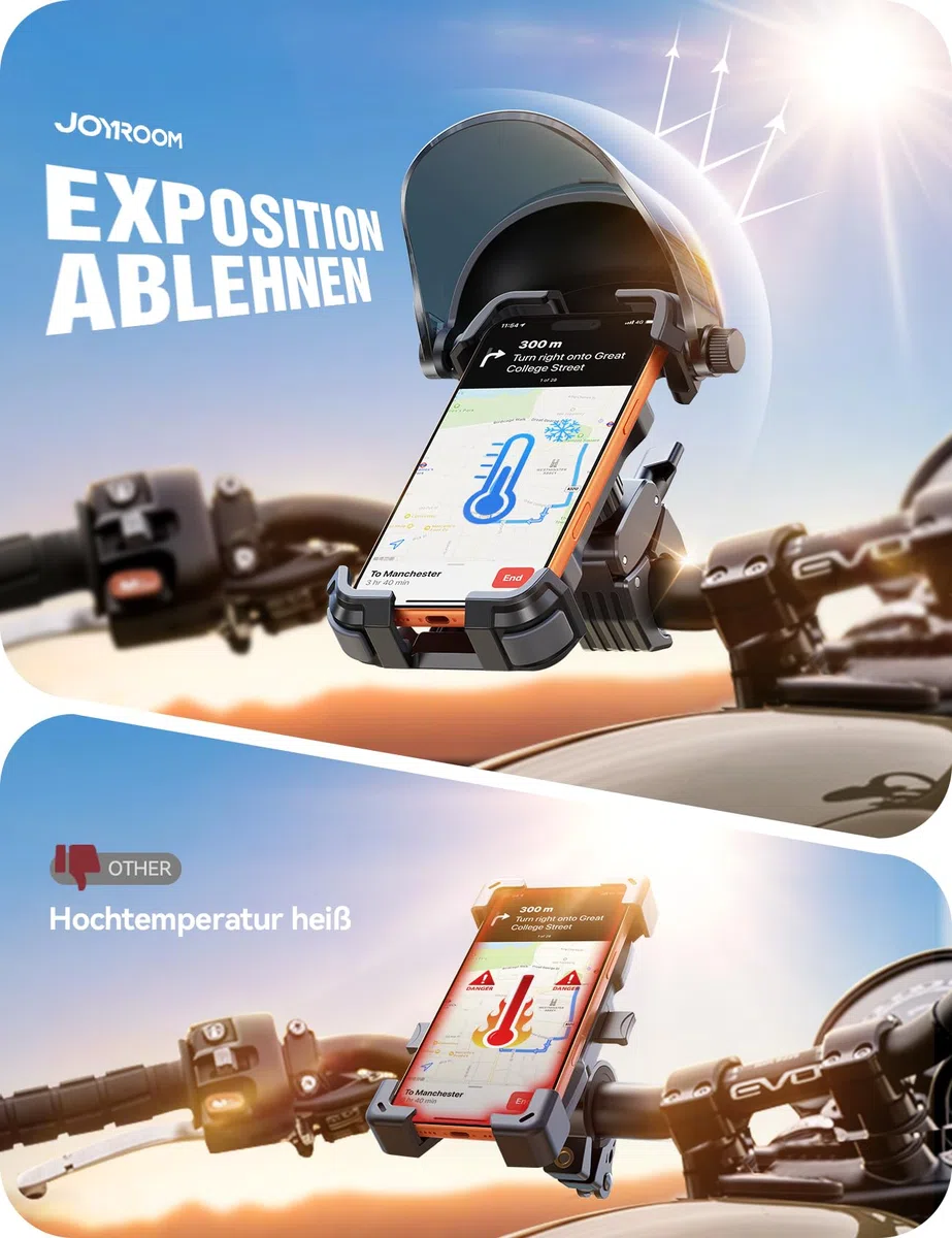 2026 JOYROOM Handyhalterung Fahrrad mit Sonnenblende, Handyhalter Motorrad Anti-Reflex, 1S-Montage, Universal Handy Halterung Fahrradlenker Kompatibel mit iPhone 17/16 und Samsung S26 (4,7-7 Zoll)