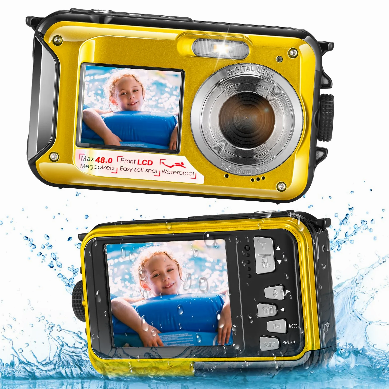 Unterwasserkamera Full HD 2.7K 48MP Autofokus Digitalkamera 10FT Dual-Screen Wasserdichte Selbstfotocamera Anti-Shake 16x Digital Zoom für Schnorcheln und Schwimmen