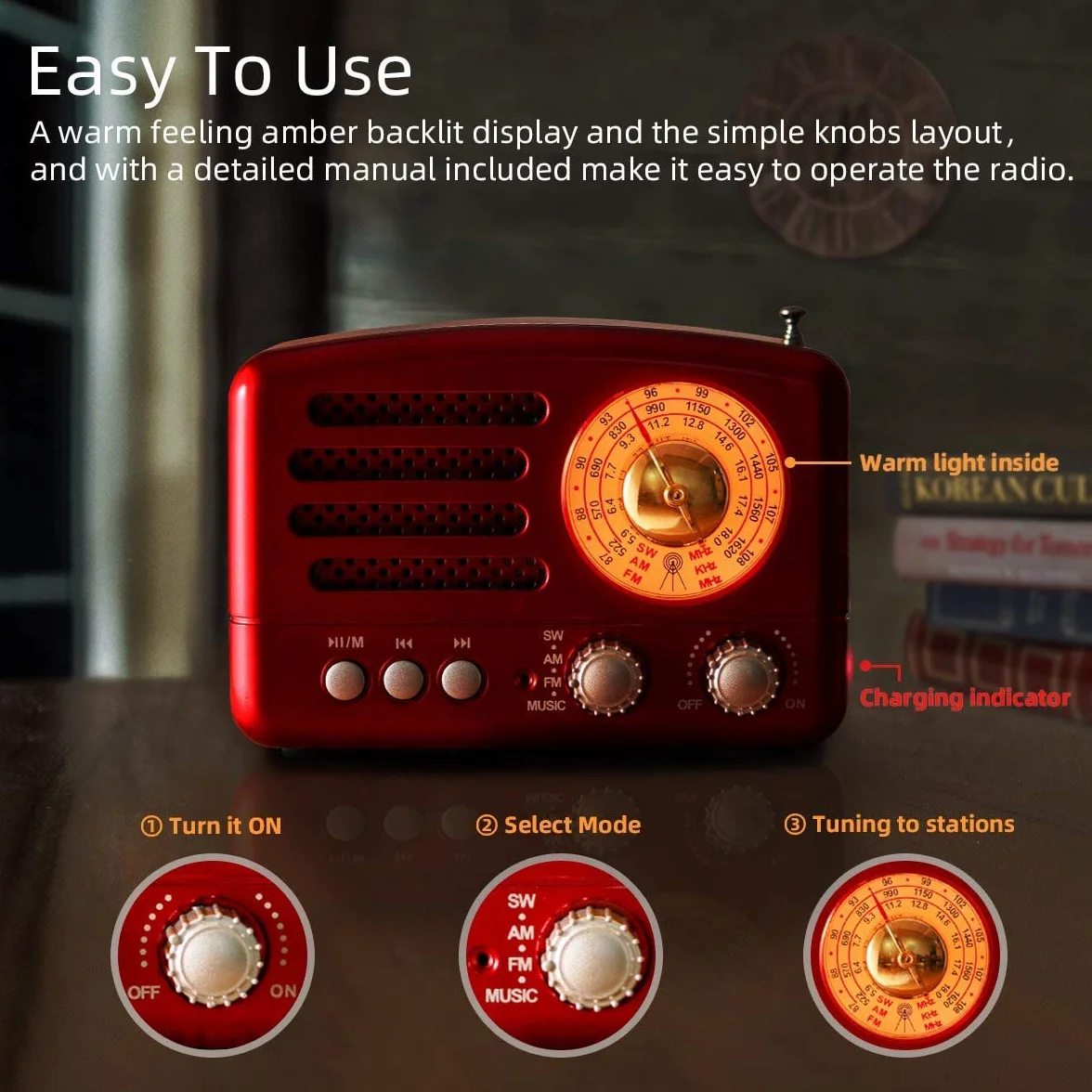 PRUNUS J-160 AM/FM/SW Retro Radio mit Bluetooth, Nostalgie Radio Klein mit 1800mAh Akku, Kleines Radios Küchenradio, Transistorradio Unterstützt USB/TF/Aux Funktion.(Rot)