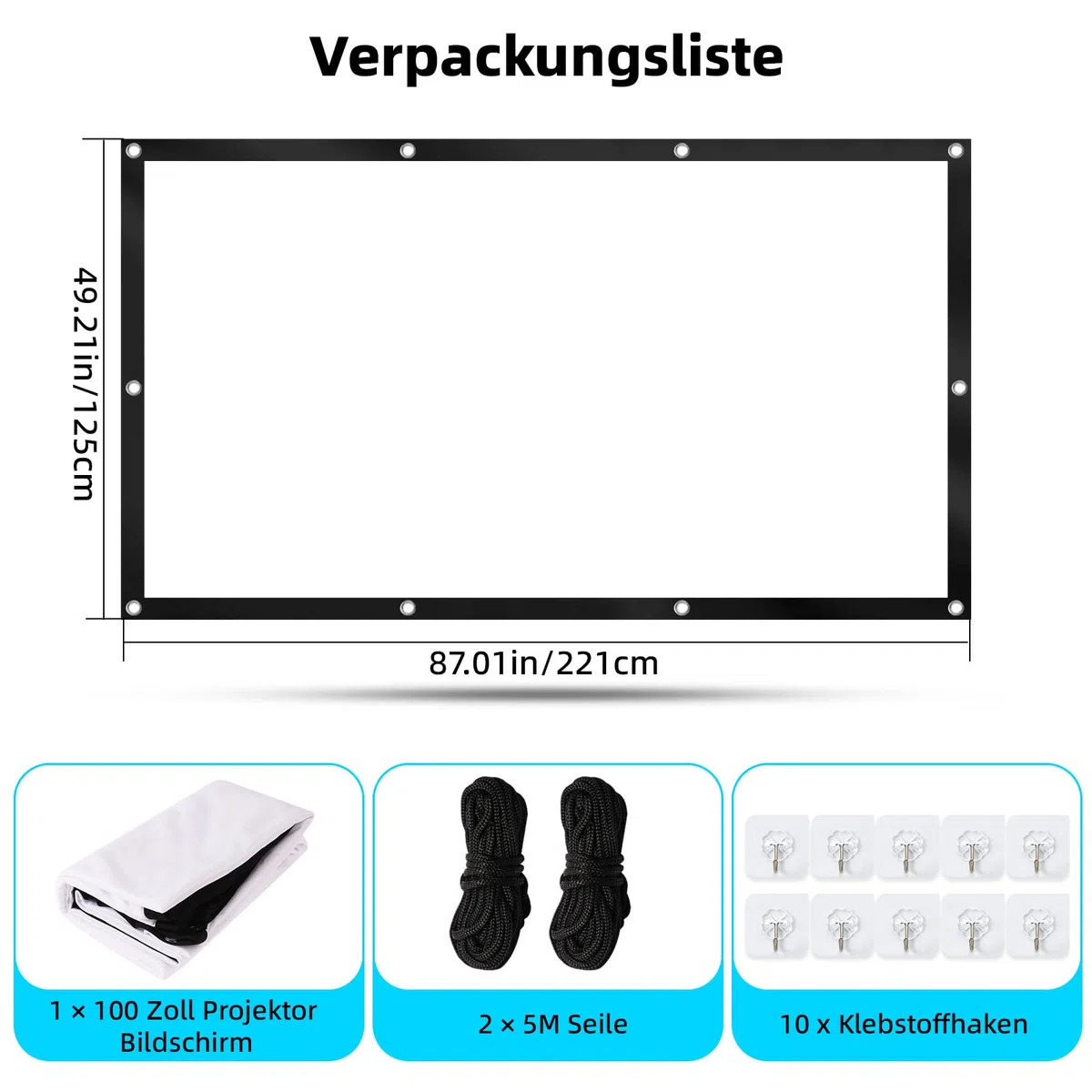 Leinwand Beamer 100 Zoll, 16:9 4K HD Projektionsleinwand aus verdickter Milchseide, tragbare Beamer Leinwand mit 10 Haken & 2 Bindeseilen, für Heimkino, Büro, Schule, Party und Outdoor