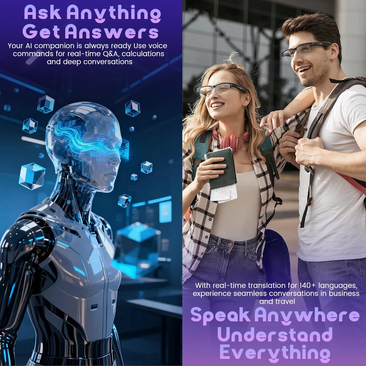 AI Smart Glasses, Intelligente Brille mit 8MP HD-Kamera, Echtzeit-Übersetzung, Objekterkennung, Sprachsteuerung, Open-Ear Audio, 300mAh Akku, Ultra-leicht für Reisen, Arbeit & Alltag