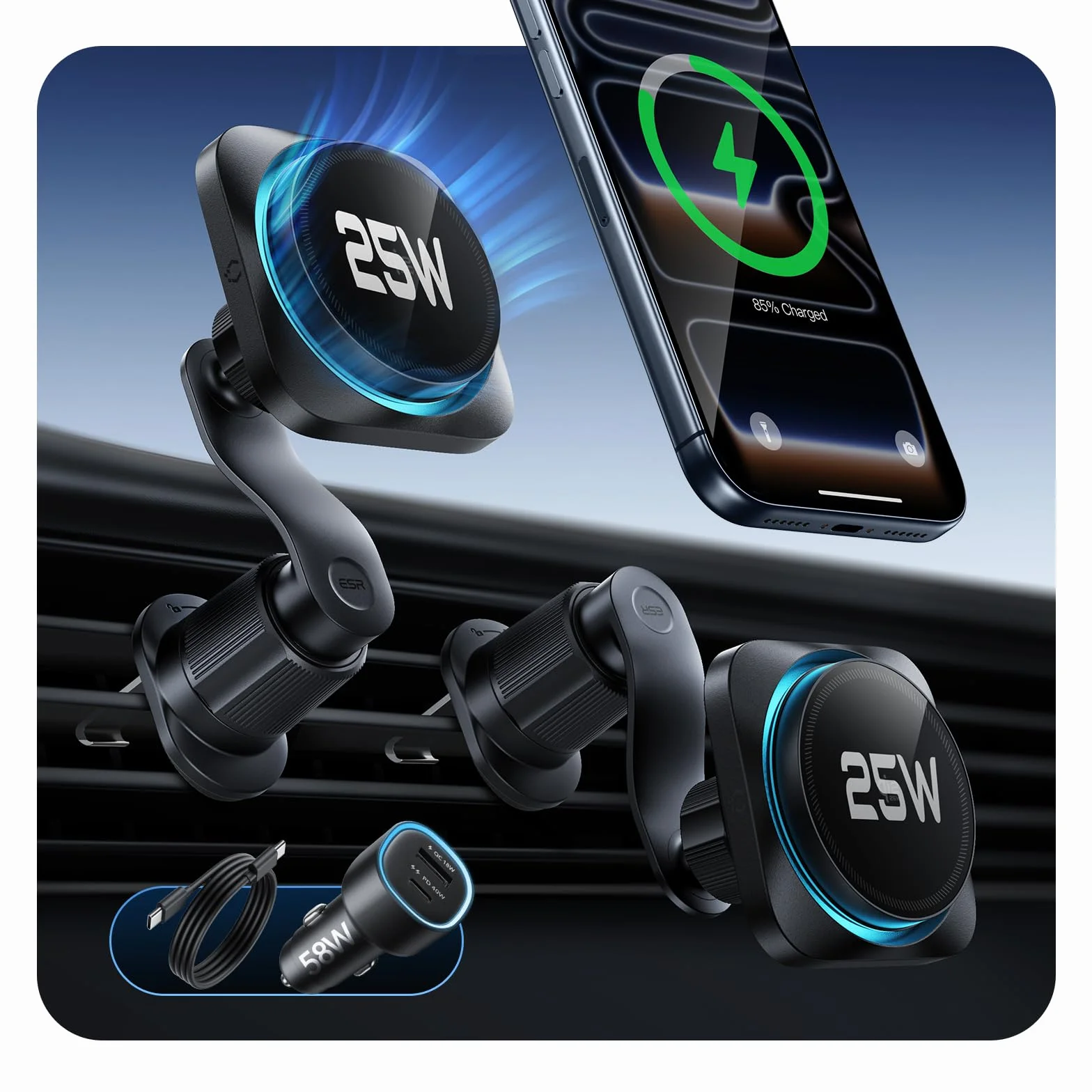 ESR OmniLock Qi2.2 Zertifiziert 25W MagSafe Autohalterung Ladegerät mit CryoBoost, Handykühlung, Handyhalterung Auto Ladefunktion 360° drehbar, Wireless Car Charger für iPhone 17/16 mit iOS, S26 Ultra