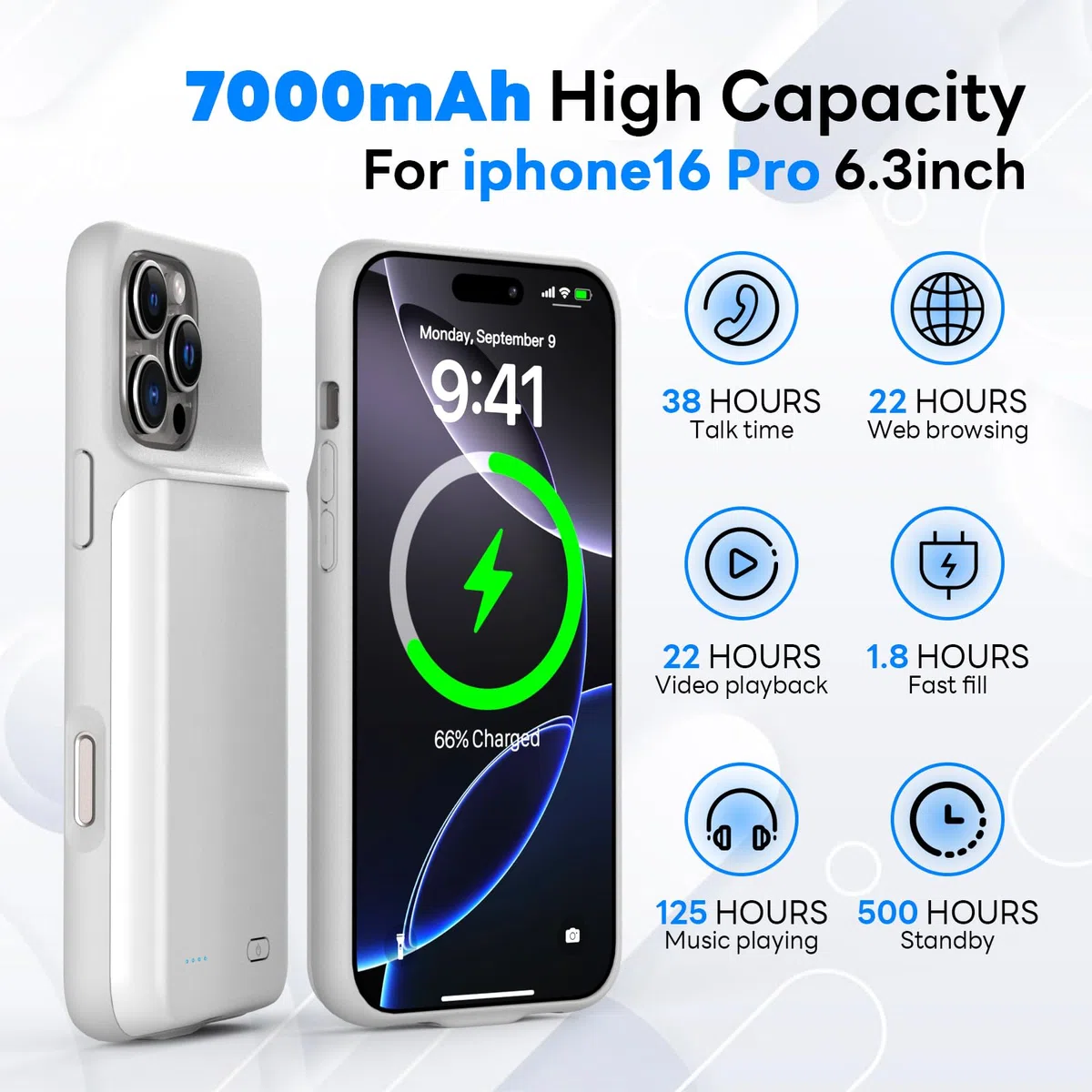 Akkuhülle für iPhone 16 Pro (6,3"), 7000mAh Wiederaufladbar Batterie Ladehülle Akku mit Panzer Schutz Glas, Powerbank Hülle Zusatzakku Akku Case Akku Ladehülle Handyhülle-Weiß