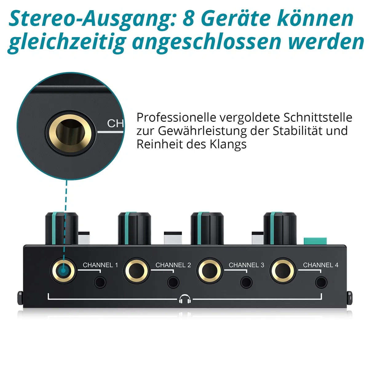 4 Kanal Professioneller Kopfhörerverstärker, tragbar Stereo-Audioverstärker mit RCA/ 3,5mm/ 6,35mm Eingang & 3,5mm/ 6,35mm Ausgang, Stumm, mit Netzteil Audiokabel, Ideal für Studio und Bühne