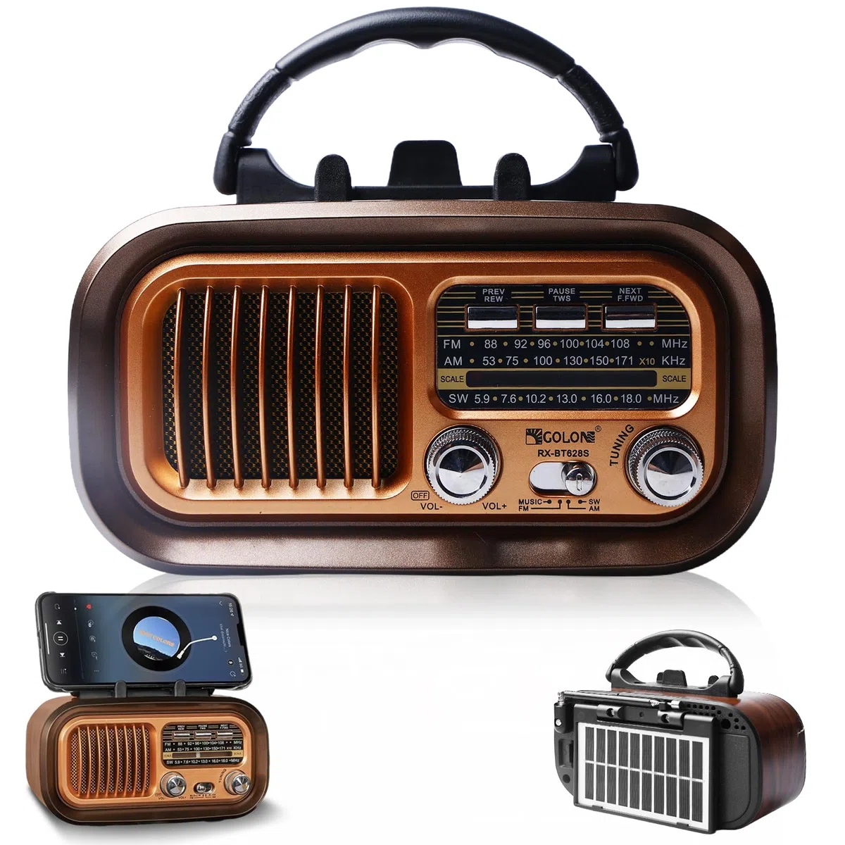Retro Radio mit Bluetooth, AM/FM/SW Retro Radio Klein Solar Tragbarer Bluetooth Lautsprecher mit 1200mAh Akku, Unterstützt USB/TF, Vintage Radios für Zuhause, Büro, Outdoor