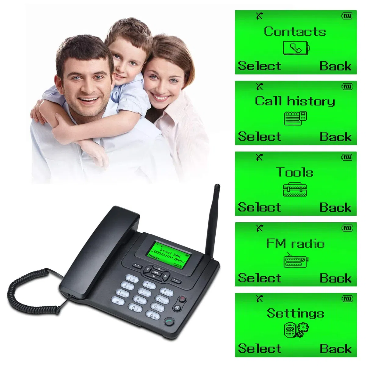 Lychee Simkarte GSM Tischtelefon - Hände frei,SMS,Großes Display mit Hintergrundbeleuchtung, Radiofunktion - Telefon für Hause oder Büro (Schwarz 01)