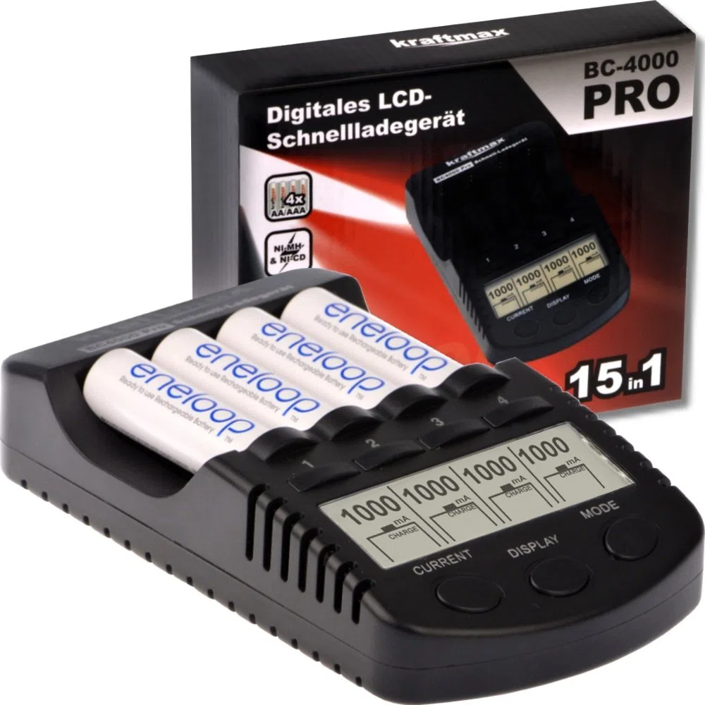 Kraftmax BC-4000 Pro Ladegerät – Mikroprozessor gesteuertes Schnellladegerät für AA/AAA NiMH Akkus – LCD-Display, USB-Anschluss, Entlade- & Refresh-Funktion – Hochleistungs Akku-Lader