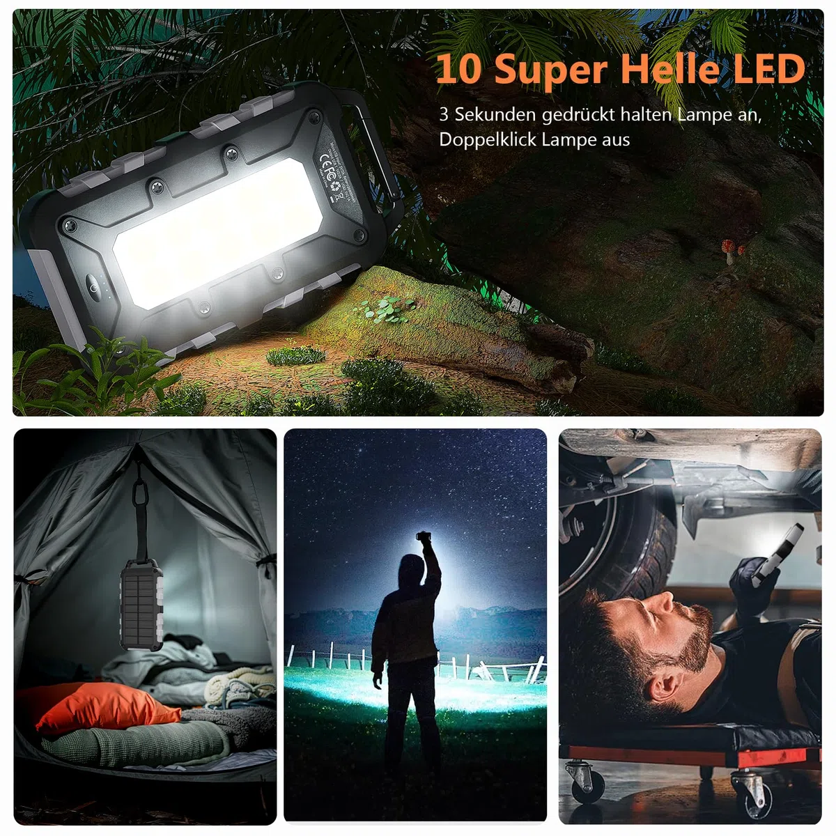 Solar Powerbank 10000mAh, 22.5W Tragbare Solar Ladegerät USB C Externer Akku Outdoor Wasserdichtes mit LED-Licht und 3 Ausgängen für Smartphones Tablets Camping,Grau
