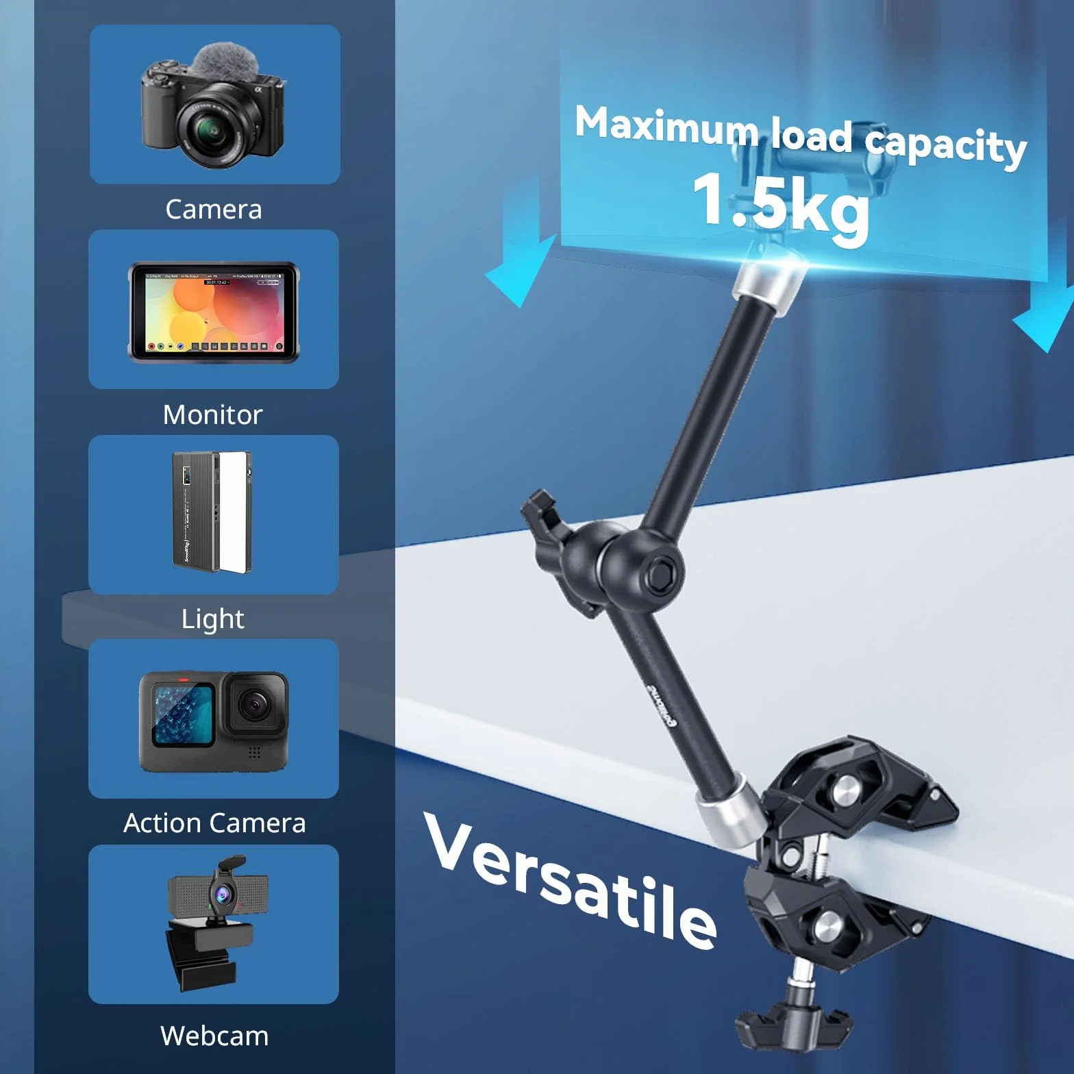 SMALLRIG Magic Arm Super Clamp, Kamerahalterung mit Superklemme, mit 1/4"-20 Schraube & Gewindebohrung für Kamera Licht Monitor Webcam Action Kamera für GoPro für Insta360, Traglast von 1,5 kg - 4454