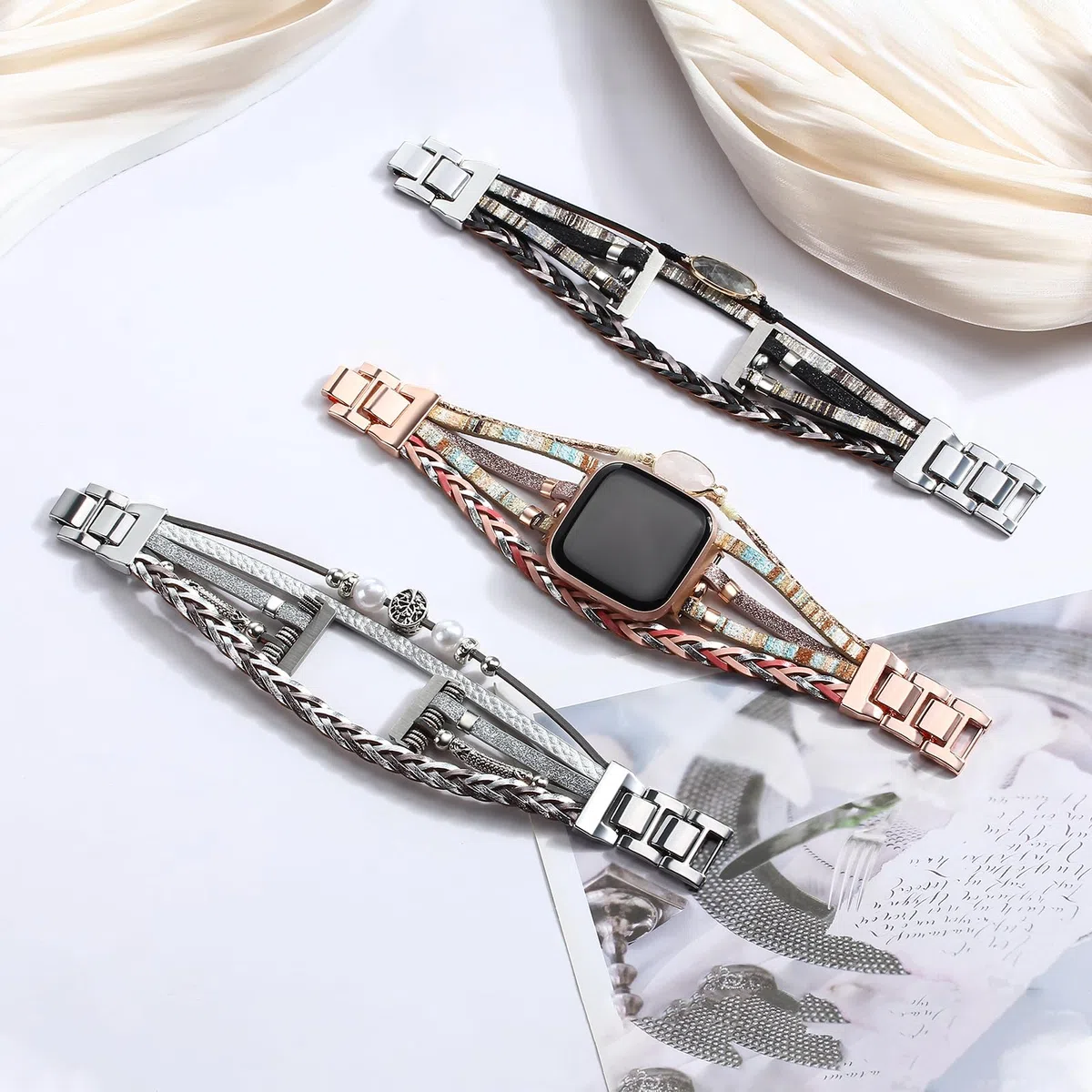 Posh Leather Band Compatible with Fitbit Versa 3&4 Bands/Fitbit Sense/Sense 2 Women, Multilayer Boho Wrap Bracelet Wristband Handmade Replacement Strap for Fitbit Smartwatch