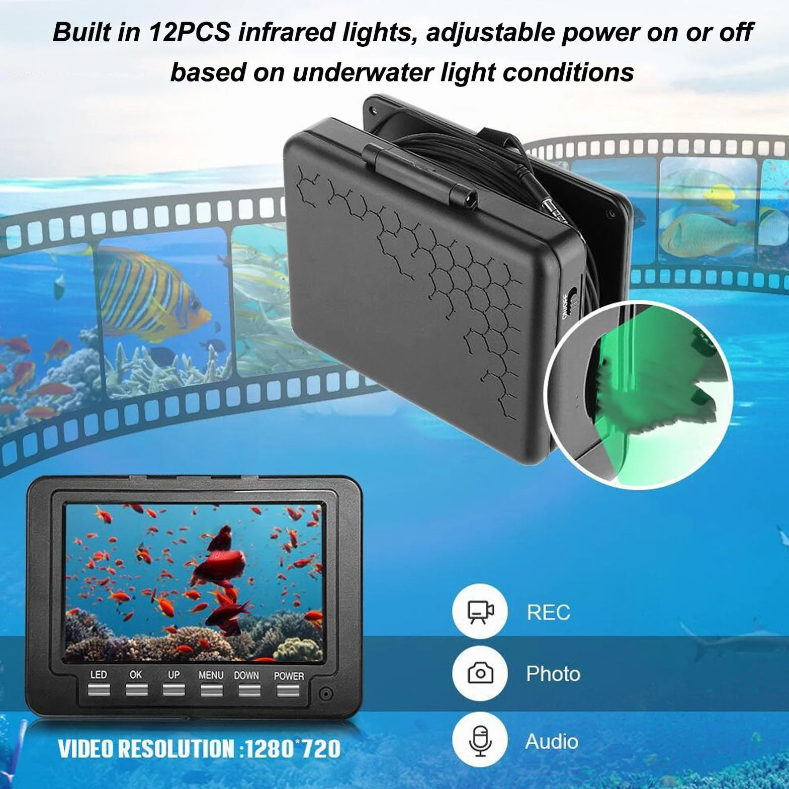 5-Zoll-IPS-LCD-Angelkamera mit Einer Auflösung von 1280 X 720, von Videos auf Einer Micro-Speicherkarte, 1080P-CMOS-Sensor, 30 M PU-Kabel, Wiederaufladbarer 5000-mAh-Akku
