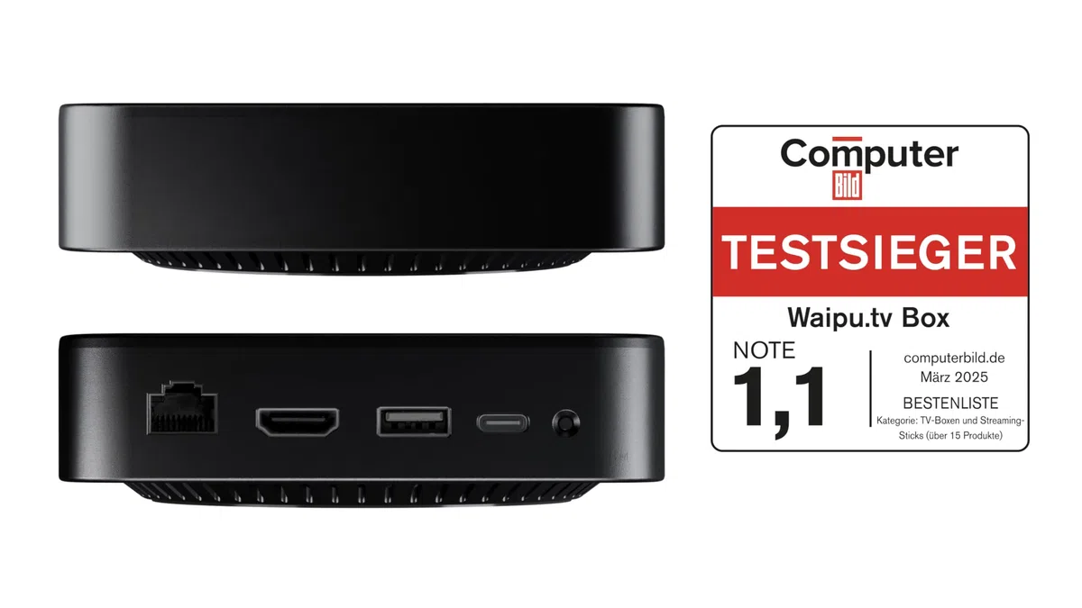 waipu.tv Box 4K HDR10+ Dolby Vision Dolby Atmos Fernbedienung mit Beleuchtung Fernsehen über WLAN LAN HDMI