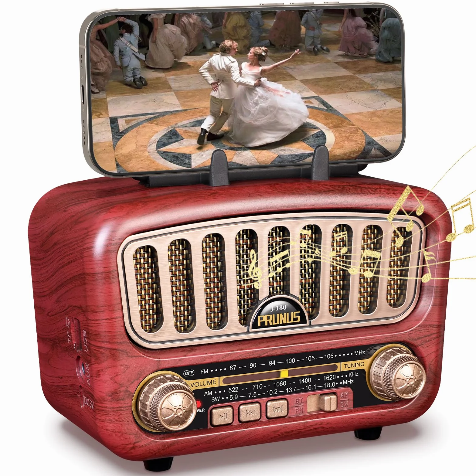 PRUNUS J-180 AM/FM/SW Retro Radio mit Bluetooth 5.0, Nostalgie Radio Klein mit 1800mAh Akku, Unterstützt USB/TF/AUX Funktion, mit großem 5-W-Lautsprecher, Kofferradio Küchenradio für Büro Zuhause.