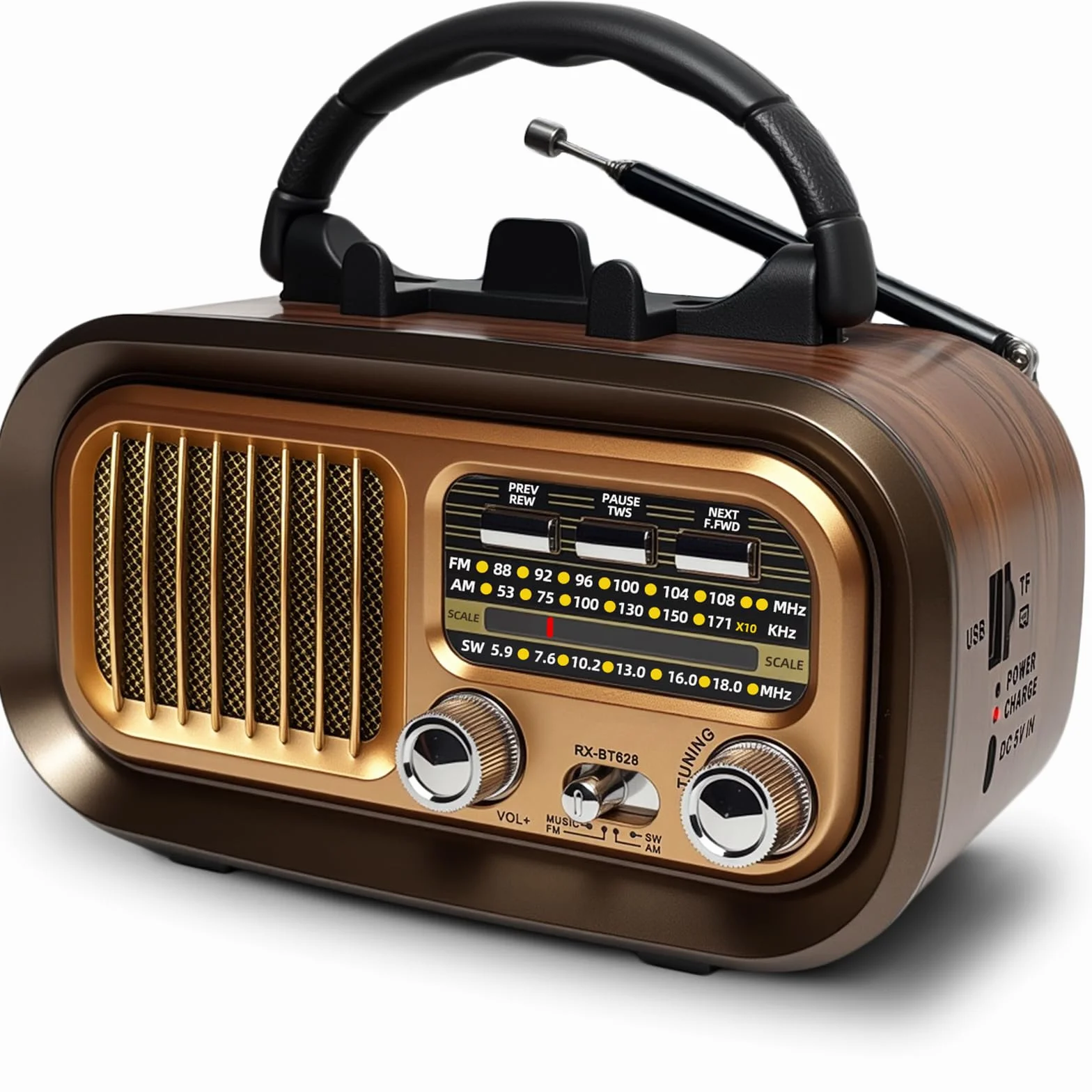 Retro Radio mit Bluetooth, AM/FM/SW Tragbares Radio, Kofferradio mit 1200mAh Akku und D-Batterien, USB/TF/TWS, Vintage Radio für Küche, Zuhause, Garten und Camping