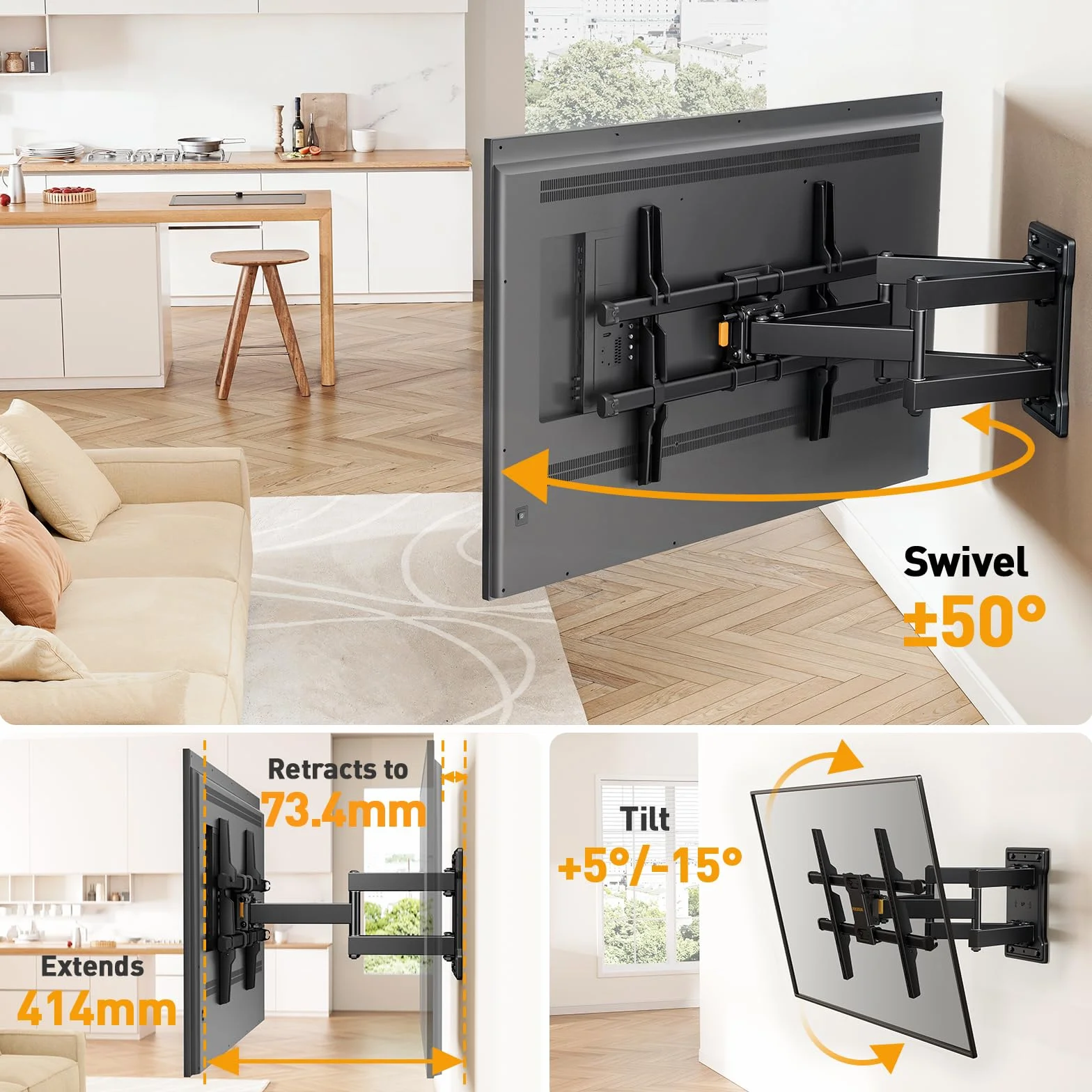 Perlegear TV Wandhalterung für 32-85 Zoll TVs bis zu 60 kg, Schwenkbar Neigbar Wandhalterung Fernseher, Fernseher Halterung mit werkzeugfreier Neigung, Max VESA 600x400mm, PGLF6