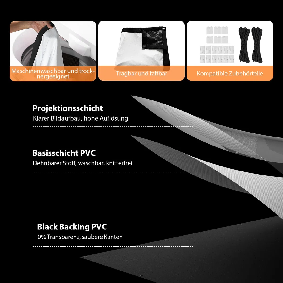 84 Zoll Beamer Leinwand Outdoor: VOOPVOR Projektionsleinwand Faltbar & Tragbar mit Tragetasche - 16:9 Schwarz, Lichtundurchlässig, Waschbar & Knitterfrei - Hinweis: ohne Klebehaken