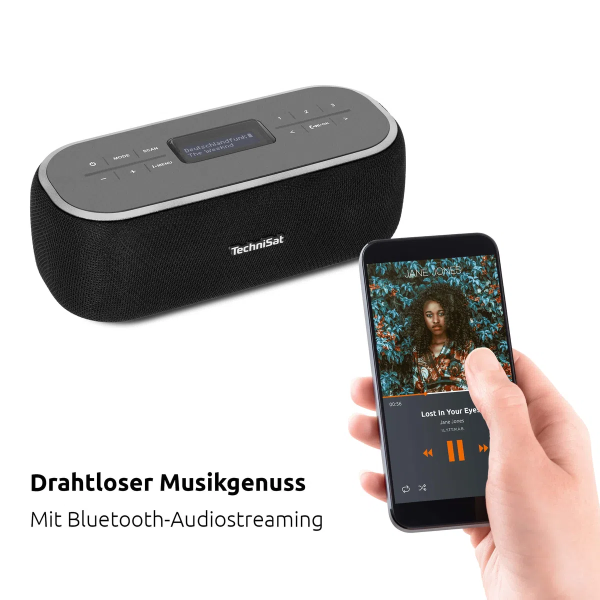 TechniSat VIOLA BT 1 - tragbarer Bluetooth-Lautsprecher mit DAB+ Digitalradio (UKW, DAB, Uhr, Wecktimer, Favoritenspeicher, LCD, Freisprechfunktion, AUX-in, Akku, USB-C ladekabel, 6W) schwarz/grau