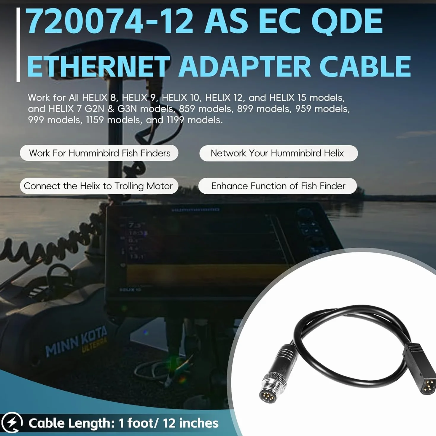 720074-12 (720074-1) AS EC QDE Ethernet-Adapterkabel für Humminbird-Fischfinder – Robustes Netzwerkkabel für HELIX 7-15 & SOLIX G2N/G3N/G4N, i-Pilot Link, One-Boat Network und Mega Live Imaging