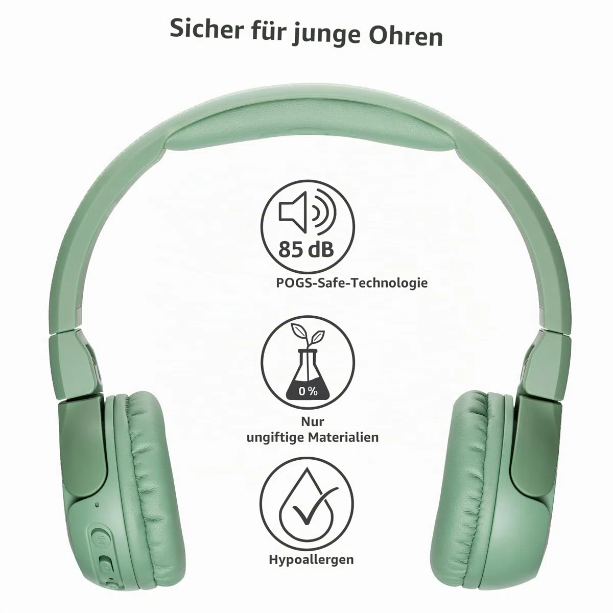 POGS Drahtloser Bluetooth Kinderkopfhörer | The Gecko 2 | Faltbarer robuster Kinderkopfhörer ab 3 Jahren | Lautstärkebegrenzung 70-85 dB | Mikrofon | On-Ear | Drahtlose Musik-Sharing-Funktion (rGrün)