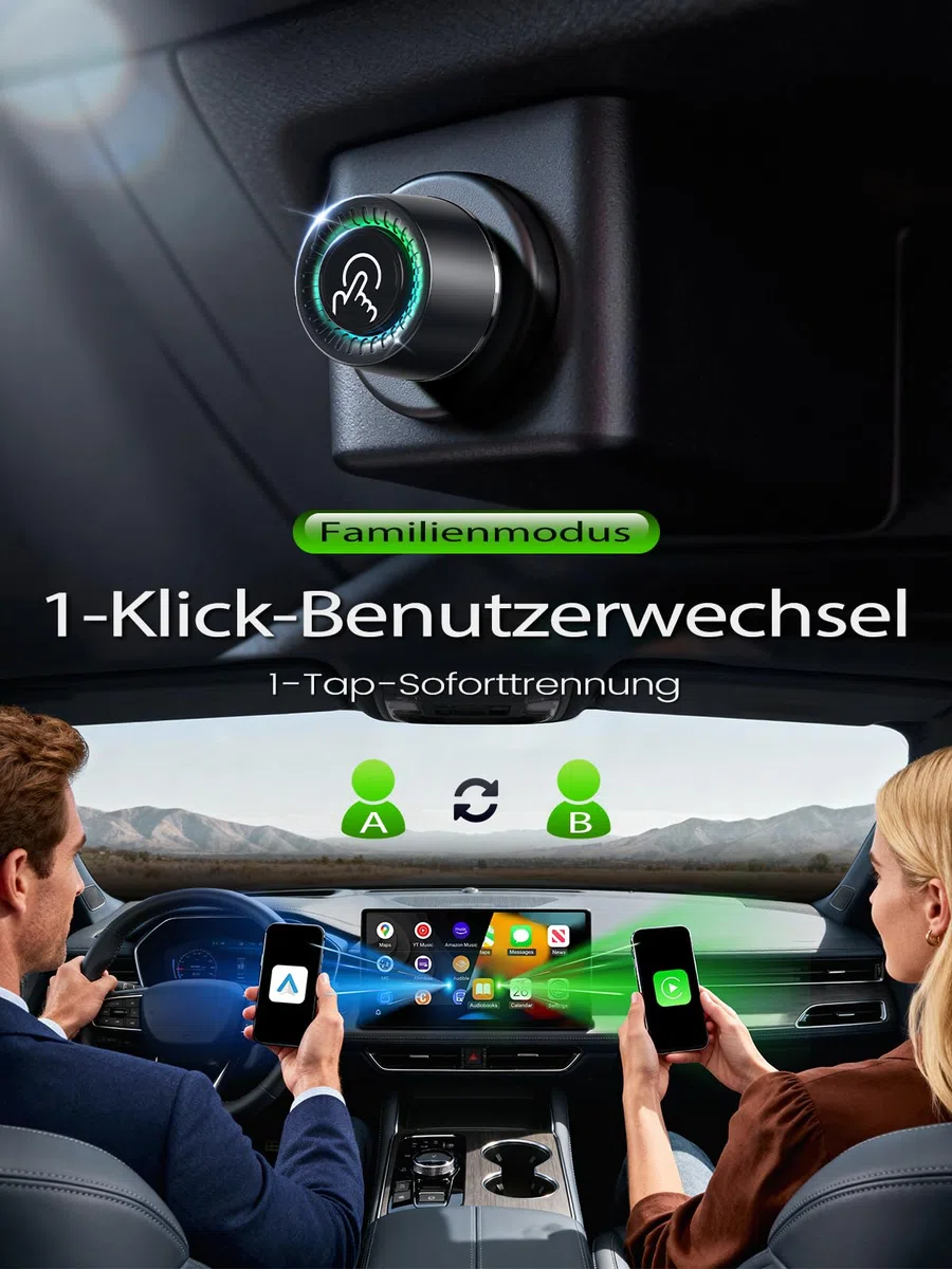 Versteckter CarPlay Wireless Adapter, 1-Tasten-Wechsel für 2 Phones, Kompatibel mit Apple CarPlay & Android Auto für Auto GPS Navigatio, Stabil, Geringe Latenz, iOS 10+ & Android 10+, Metall USB-A/C