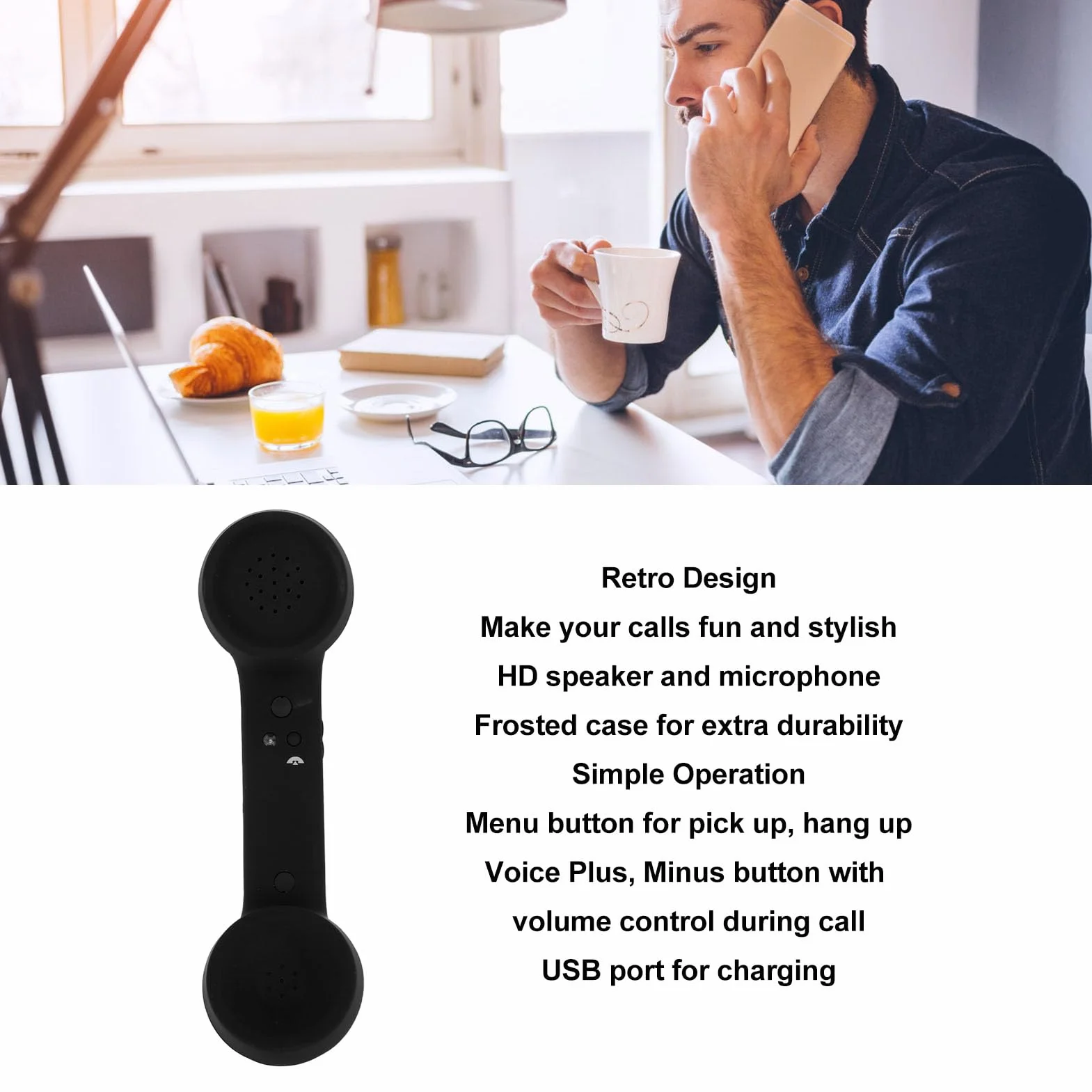 Tonysa Bluetooth Telefonhörer Retro - Strahlungsarm & Kabellos, Wiederaufladbar mit 20 Std. Talkzeit, Leicht & Bequem für Klares HD-Ruflautsprecher, Einfache Kopplung, inkl. USB-Kabel (Schwarz)