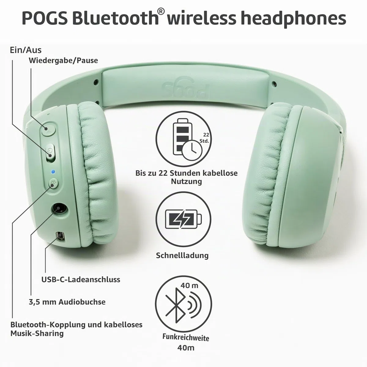 POGS Drahtloser Bluetooth Kinderkopfhörer | The Gecko 2 | Faltbarer robuster Kinderkopfhörer ab 3 Jahren | Lautstärkebegrenzung 70-85 dB | Mikrofon | On-Ear | Drahtlose Musik-Sharing-Funktion (rGrün)