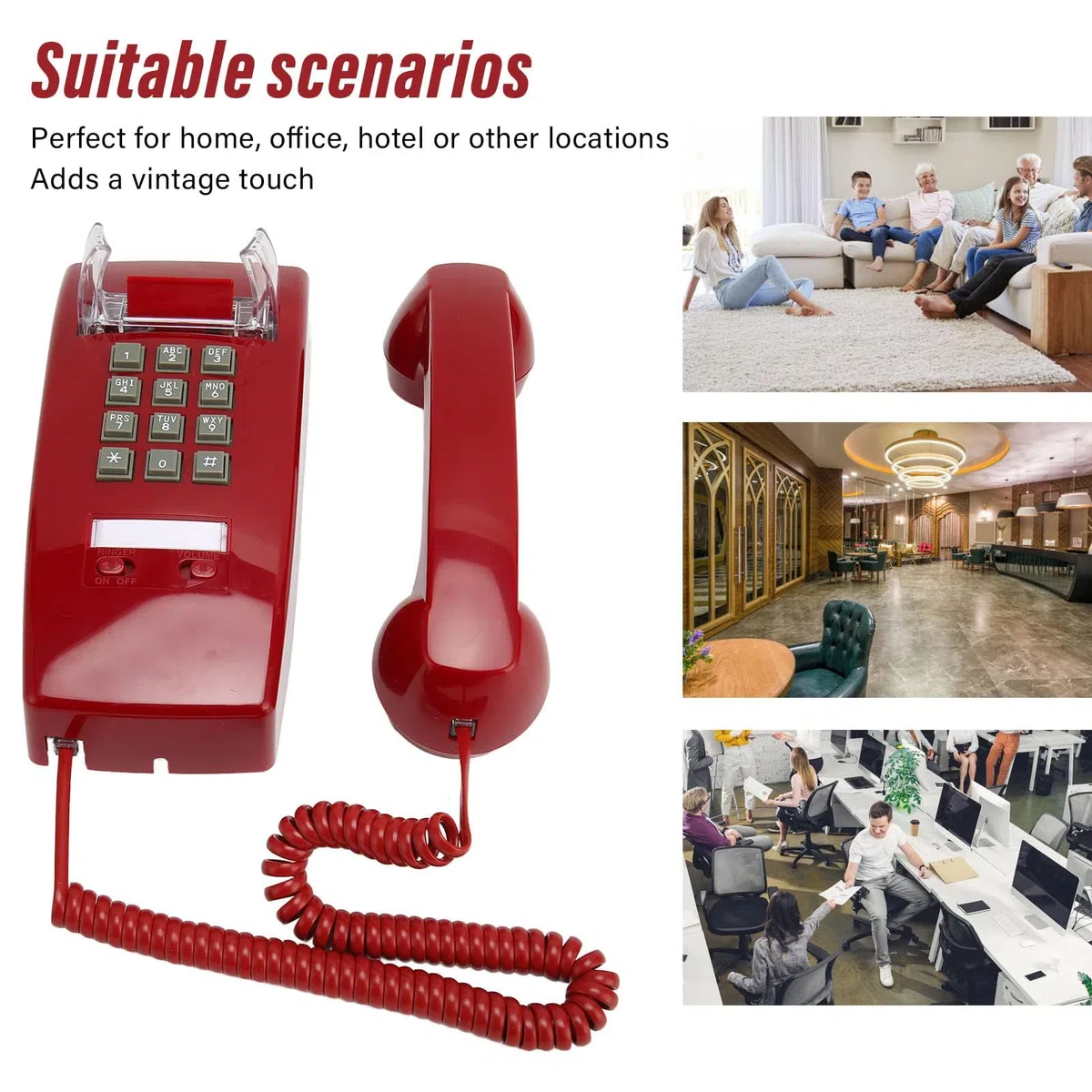 Vintage-Wandtelefone Festnetz, Retro-Wandtelefon Im Alten Stil, Rotes Schnurgebundenes Telefon Zur Wandmontage mit Lautstärkeregler für Senioren-Hotelküche