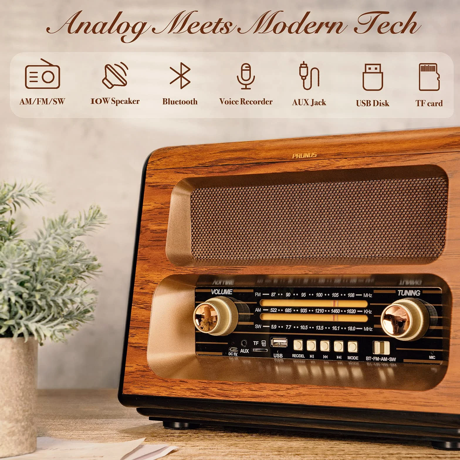 PRUNUS J-199 Retro Radio Bluetooth, AM/FM/SW Nostalgie Radio mit 3-Wege-Stromversorgung - Akku, Batterie oder Steckdose, unterstützt USB/TF
