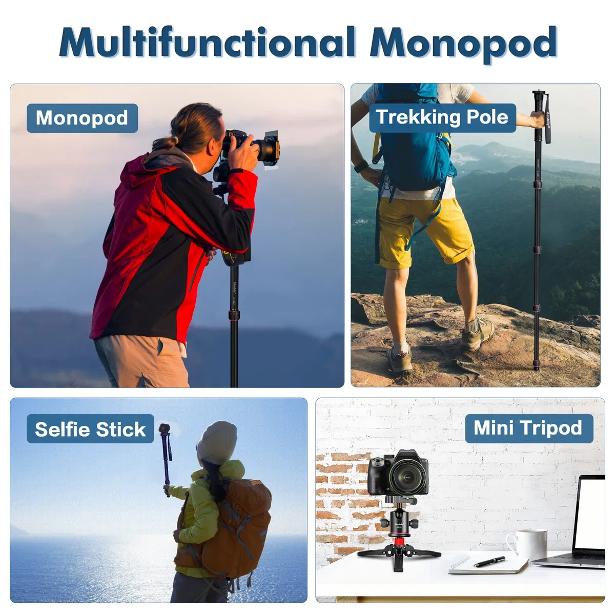 Manbily ausziehbares Kamera-Einbeinstativ aus Aluminium mit Füßen, tragbarer Reise- und abnehmbarer Stativfuß für DSLR Canon/Sony/Handy, 5 Abschnitte bis zu 170 cm, maximale Belastung 15,5 lbs (A-222)