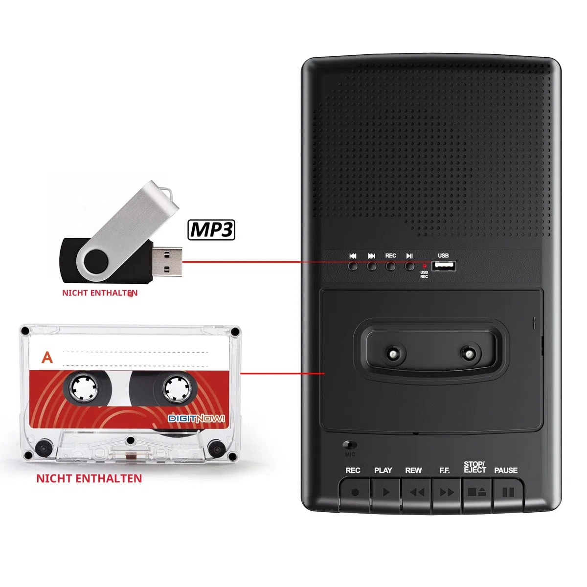 kassettenrekorder Portable Kassettenspieler Cassette Player Recorder Kassetten Digitalisieren auf USB mit Griff, Kopfhörer, Mikrofon, Lautsprecher