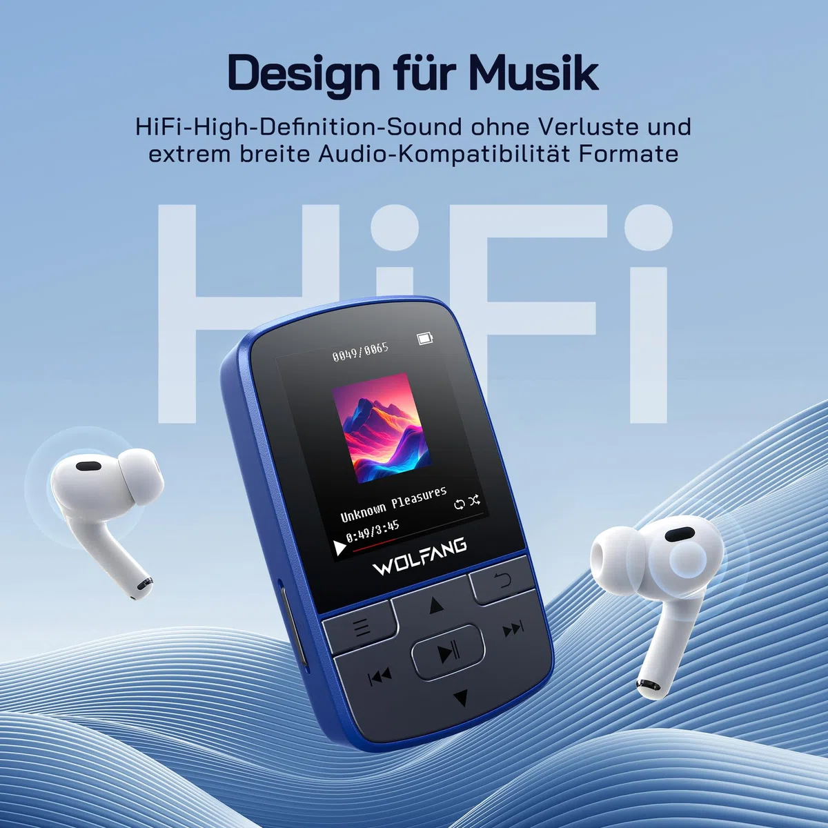 WOLFANG MP3-Player mit Bluetooth 5.2, Sportclip, Mini-Größe, Gewicht 28,3 g, HiFi FM-Radio, Diktiergerät, Kopfhörer im Lieferumfang enthalten