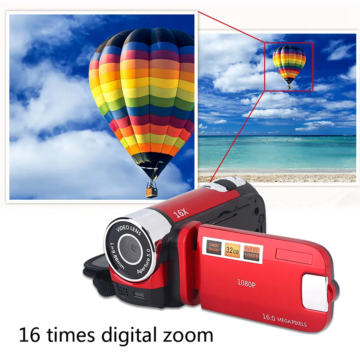Ejoyous Digitaler Camcorder, 16X Full HD Videokamera High Definition Videokamera mit 270 Grad Drehbildschirm Unterstützt Fotografie und Video mit 2,7-Zoll Display für Home Party Camping (Rot)