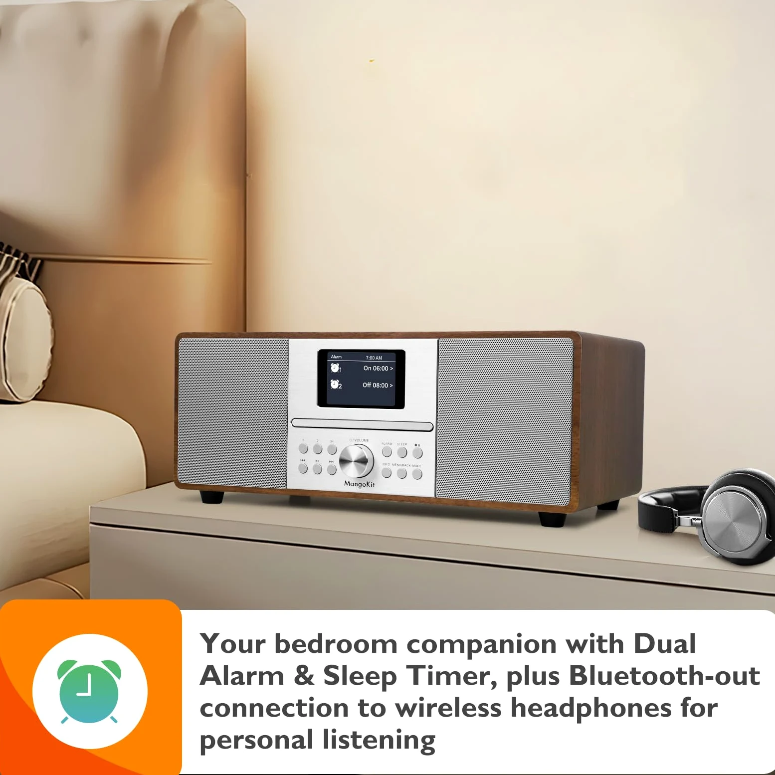 MS4 CD Player DAB Radio HiFi System I Dab Radio mit Bluetooth IStereoanlage Kompaktanlage IAkustisches Holzgehäuse I CD Player mit Lautsprechern I 40 Presets,Kopfhöreranschluss I Walnuss