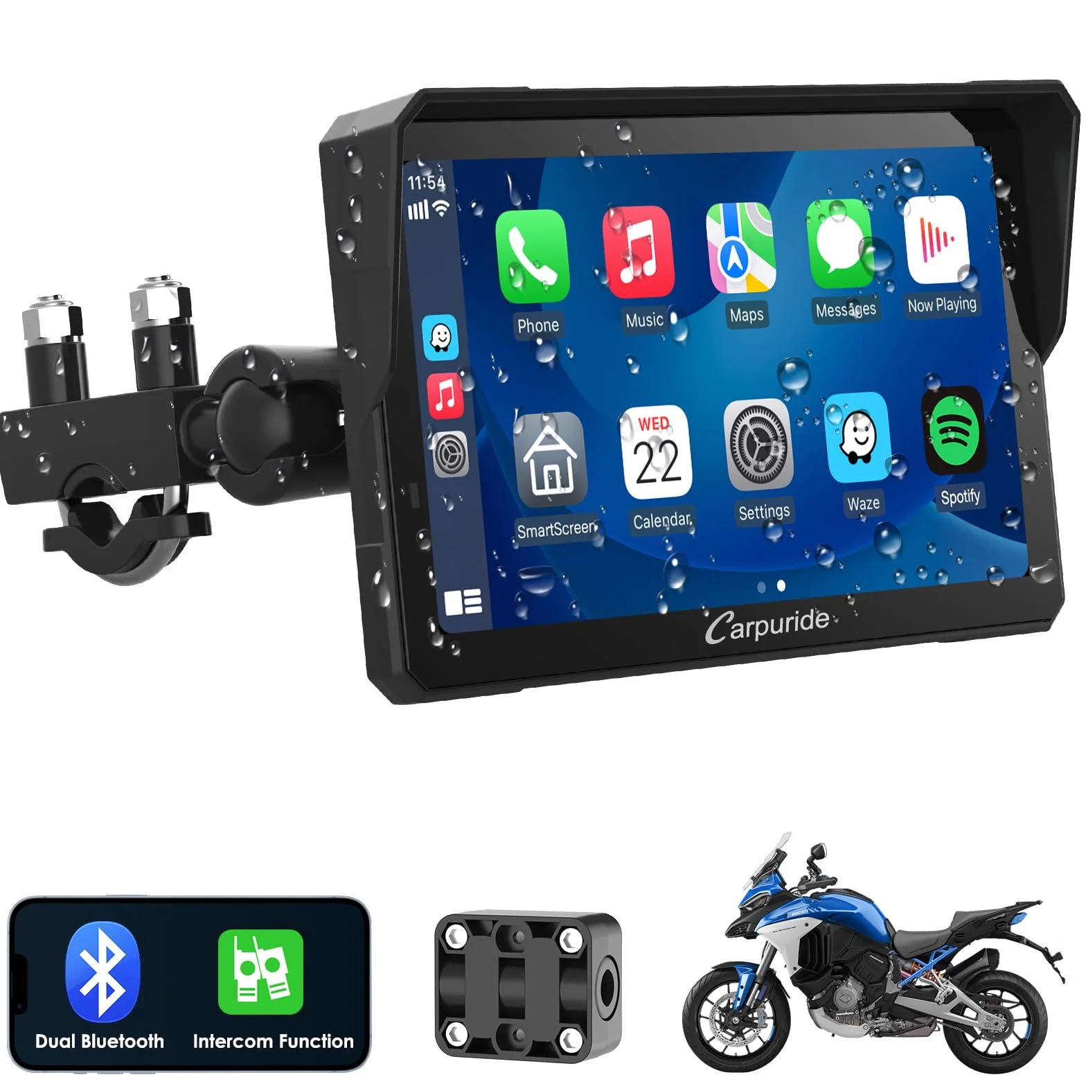 Carpuride W702 Pro Motorrad Carplay Bildschirm mit Gegensprechfunktion, Kabellos CarPlay und Android Auto, Tragbarem Wasserdichtem 7 Zoll Touchscreen, Verbessertem Dual Bluetooth, Navigation, Kompass.
