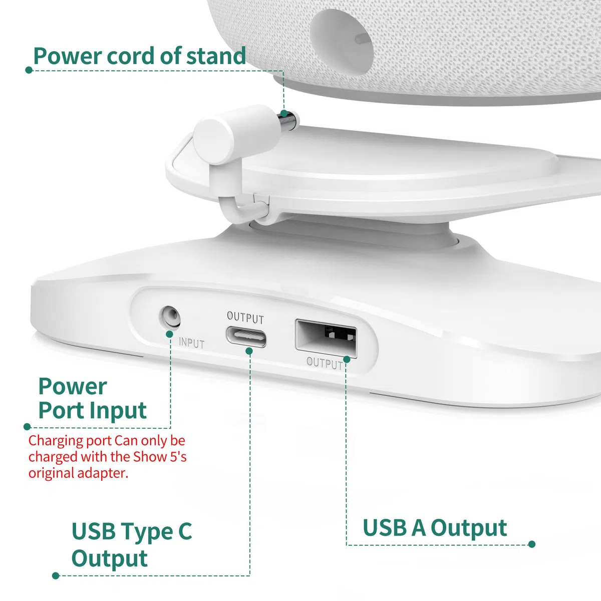 PlusAcc Ständer für Show 5 & Handy mit USB-C/A-Ladeanschluss - Verstellbare Ladeständer Halterung Ladestation Basis kompatibel mit Show 5 3.Gen/iPhone/iPad (Weiß)