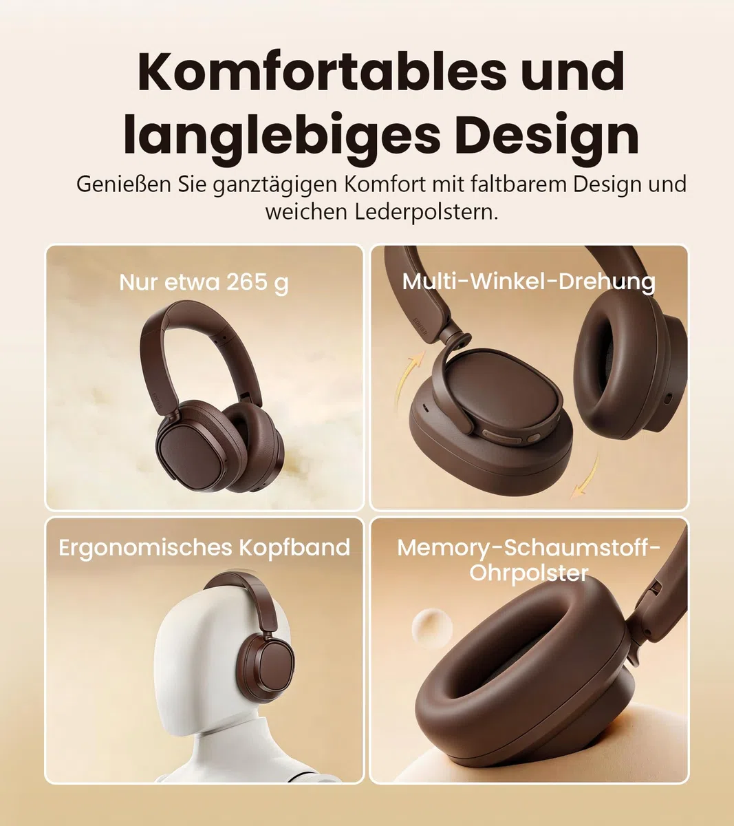 Edifier ES850NB Kabellose Over-Ear-Kopfhörer mit Geräuschunterdrückung, Hi-Res Audio Wireless, LDAC, 92h Spielzeit, Bluetooth 5.4 & Multipoint, KI-Anrufgeräuschreduzierung, Faltbar – Braun