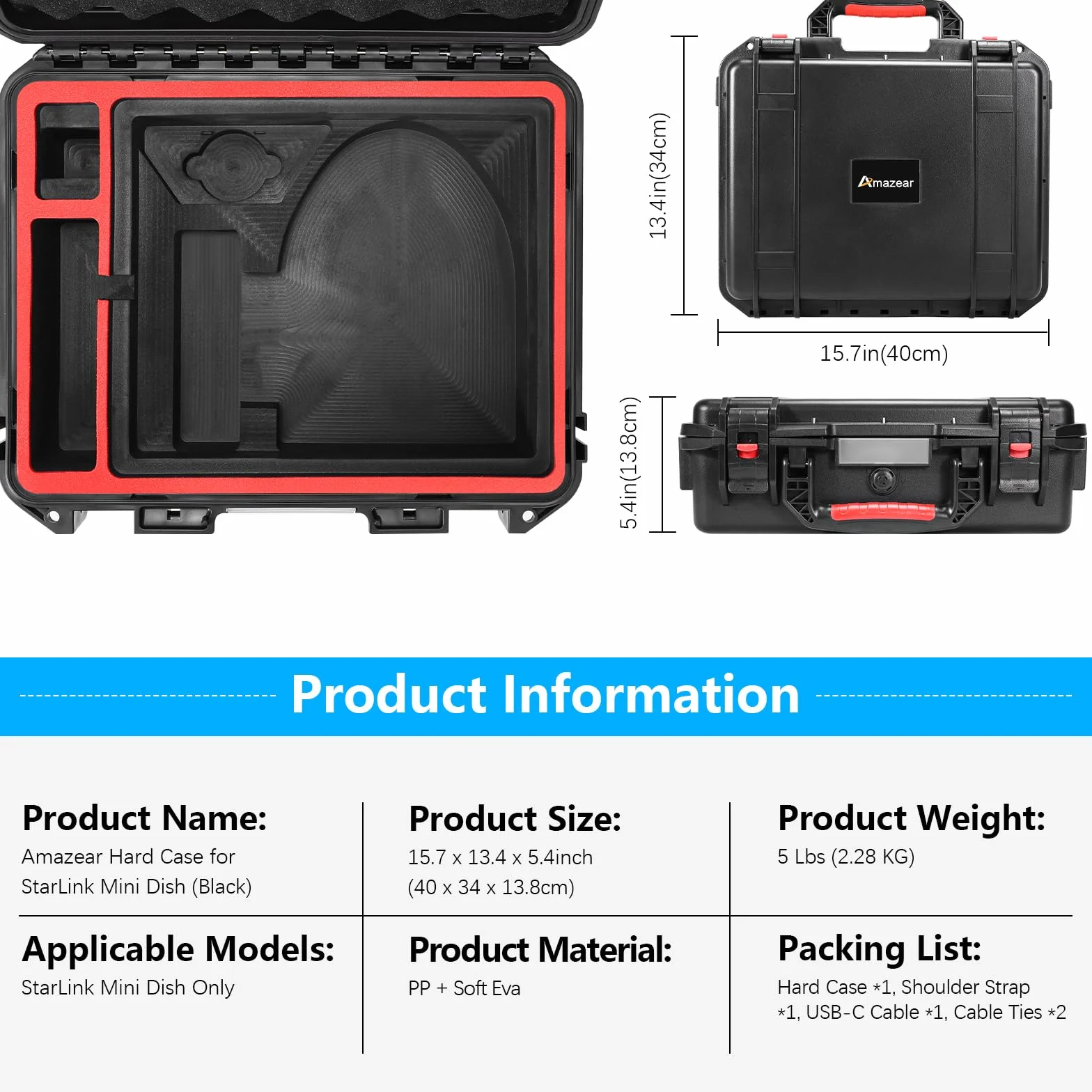 AMAZEAR Starlink Mini Accessories Waterproof Hard Case, Tragetasche für Starlink Mini Discs, kompatibel mit Ständern, Netzteilen, Kabeln und anderem Zubehör.
