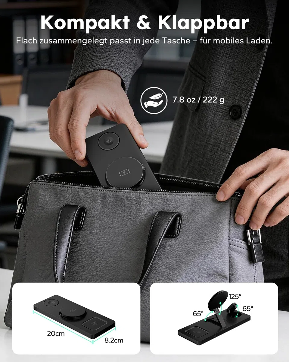 3 in 1 MagSafe Ladestation iPhone Apple Watch, Faltbar Induktive Ladestation Kompatibel mit MagSafe Ladegerät für iPhone 17/16/15/14/13/12, Apple Watch & AirPods (inkl. 20W Adapter) - Schwarz