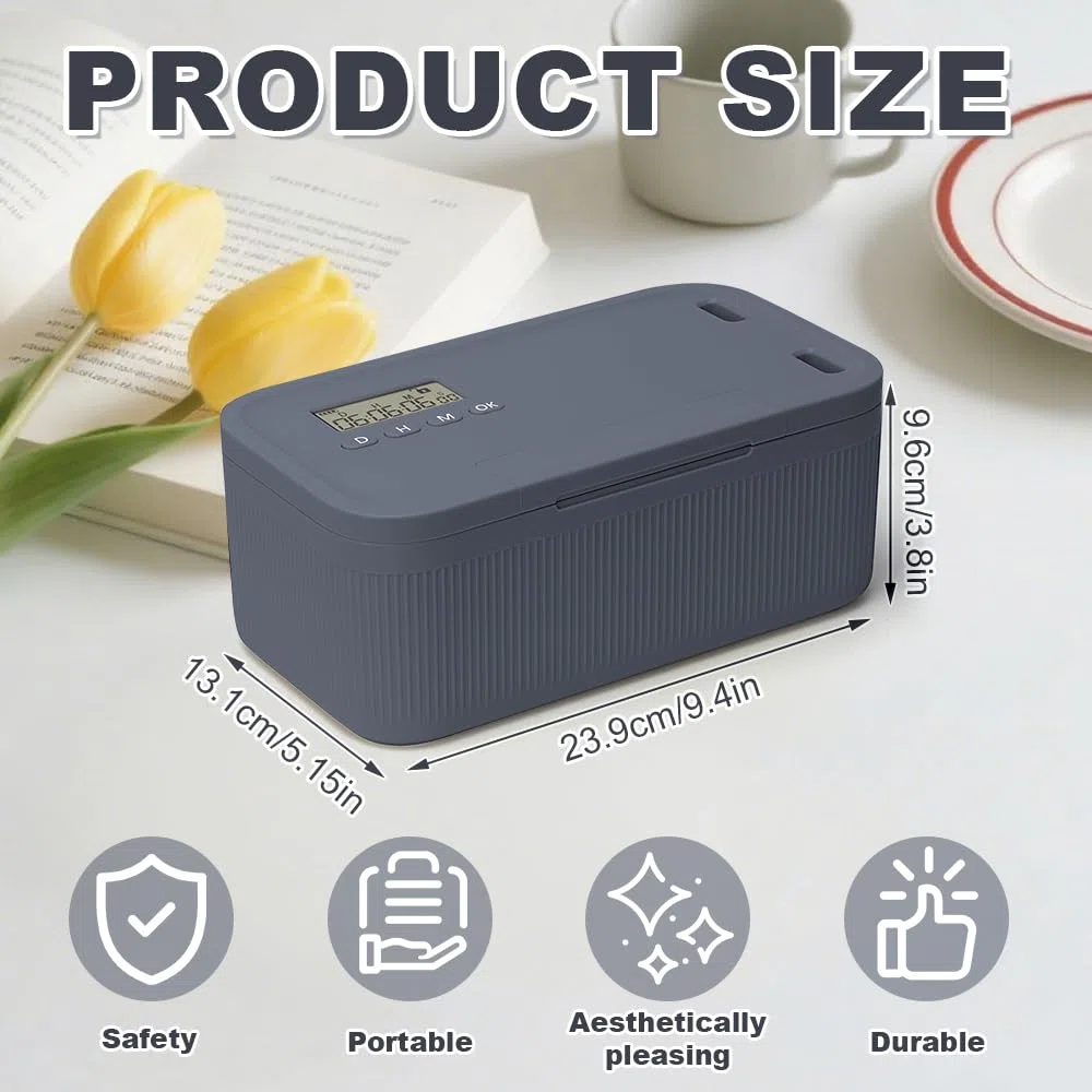 Zeitschloss Box, Handy Safe mit Zeitschloss, Timed Lock Box, Handy Gefängnis mit Timer, 23.9x13.1x9.6cm Abschließbare Box für Selbstkontrolle, Suchtmanagement, Sicheren Aufbewahrung(Grau Blau)
