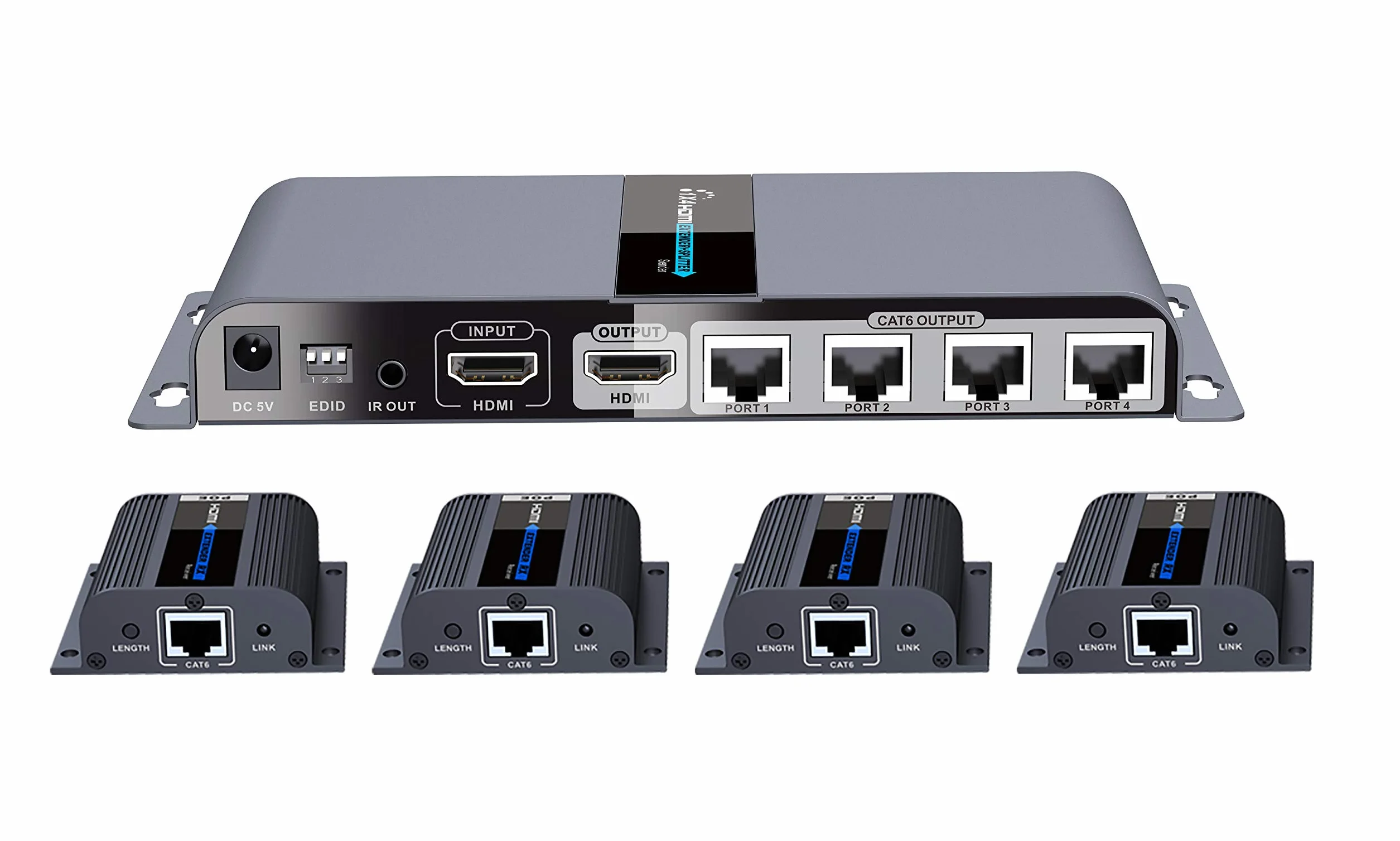 PremiumCord HDMI 1-4 Splitter + 4x Extender über Patchkabel CAT6 / 6a / 7, mit Netzteil, Metallgehäuse, Video Auflösung Full HD 1080p 60Hz, 3D, HDCP, Farbe schwarz