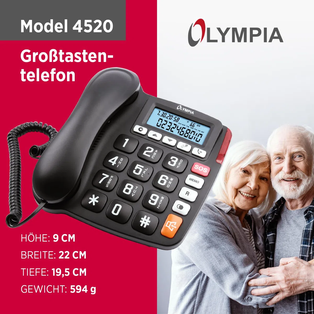 Olympia Großtastentelefon 4520 | Seniorentelefon Festnetz | mit extragroße Wahltasten | Festnetztelefon mit Schnur | hörgerätekompatibel | Senioren Telefon mit Kabel | großes LCD-Display | schwarz