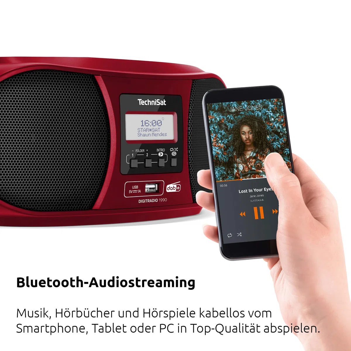 TechniSat DIGITRADIO 1990 - Stereo-Boombox mit DAB+/UKW-Radio und CD-Player (Bluetooth-Audiostreaming, Kopfhöreranschluss, USB, AUX in, Ladefunktion, Uhr, 2 x 1,5 Watt Ausgangsleistung) rot