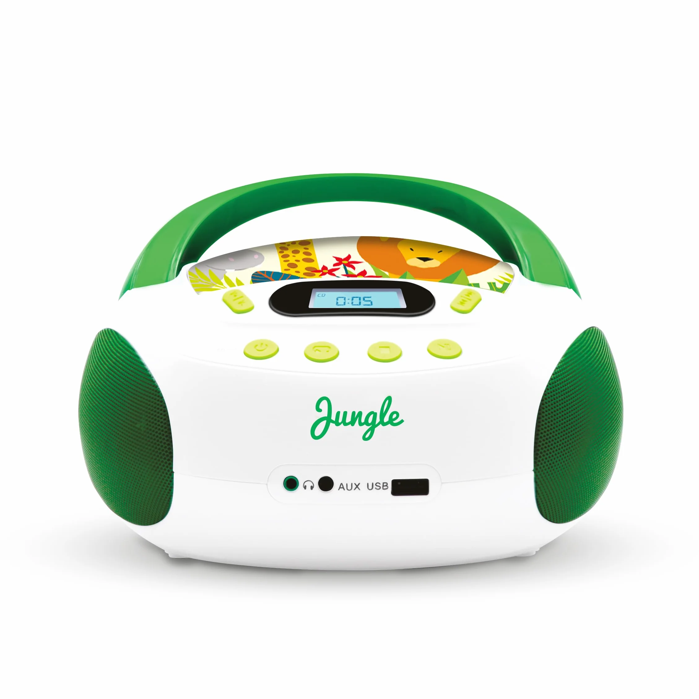 mooov 477144 CD Player für Kinder mit Lautsprechern, USB, Kopfhöreranschluss, AUX-IN-Port - Boombox CD Spieler Tragbar - Netzbetrieb oder Batterien - Modell Jungle - Grün/Weiß