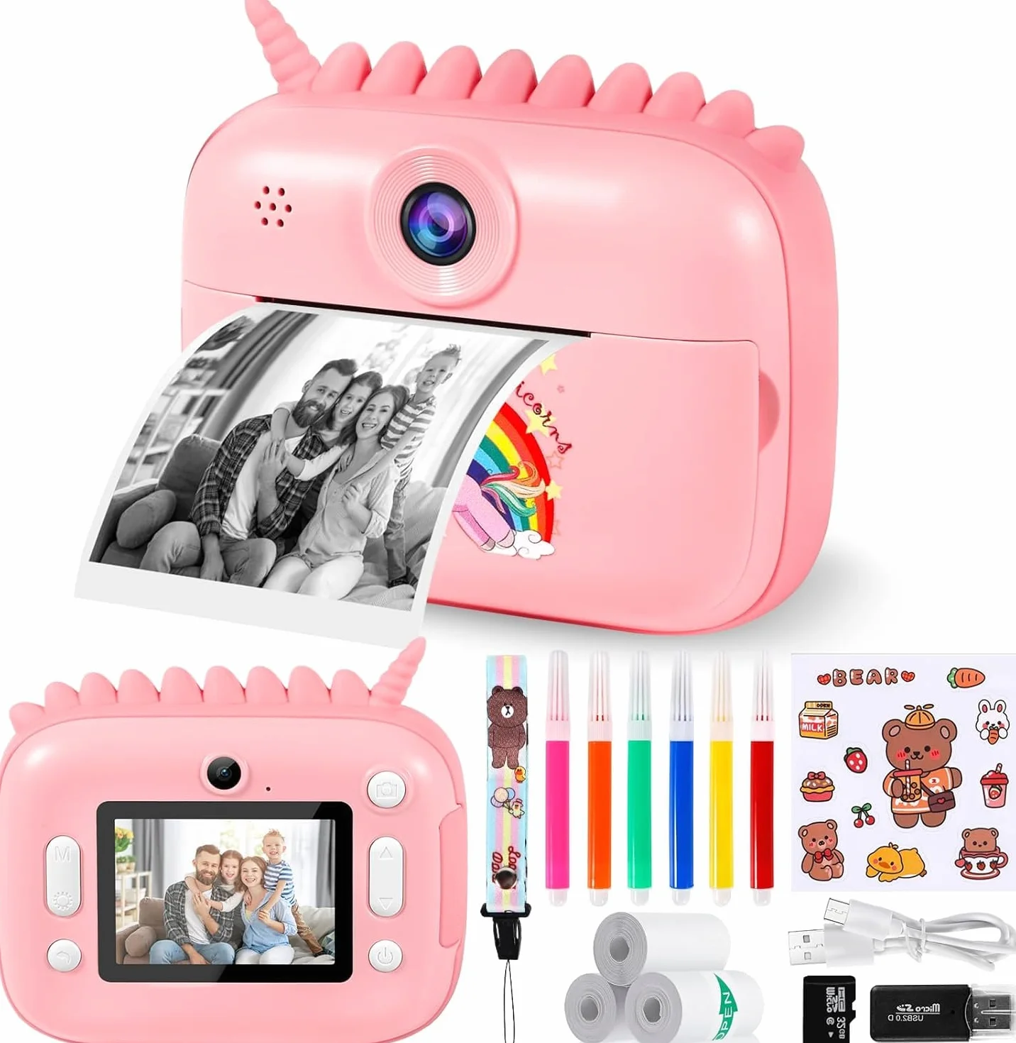 Kinderkamera, 48MP 2.4 Zoll Bildschirm, Sofortbildkamera mit 32G Karte, Druckpapier & Farbigen Stiften, 1080P HD Video, Geschenk für Kinder 3-12 Jahren