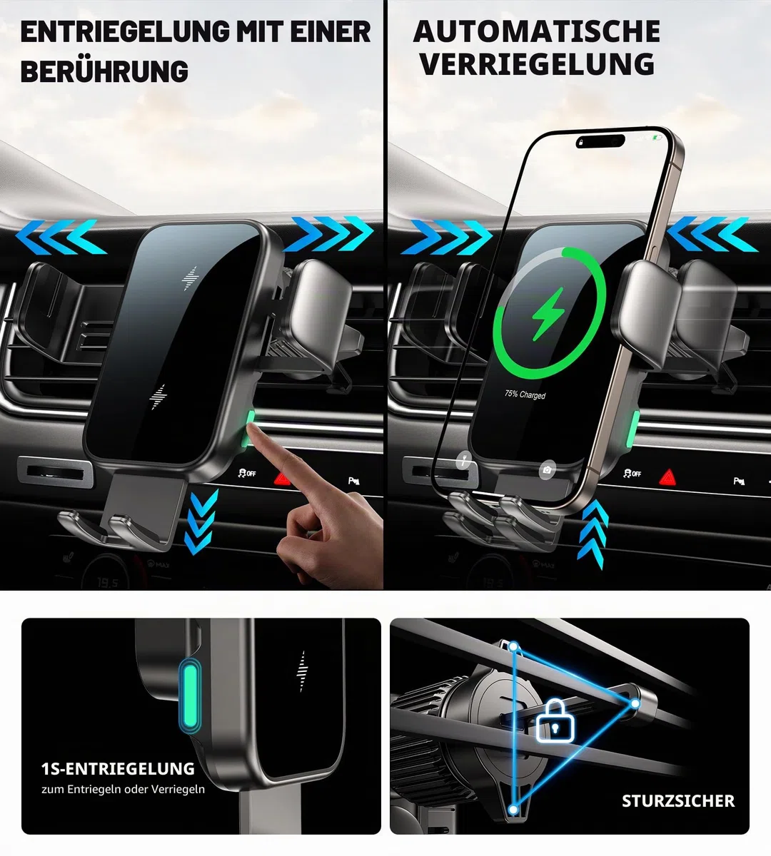 15W Handyhalterung Auto mit Ladefunktion, [360° Automatische Klemmung] Induktive Ladestation Auto Wireless Charger für Lüftung+ Saugnapf, Kfz Ladegerät für iPhone 17-12 (Black-Cup)